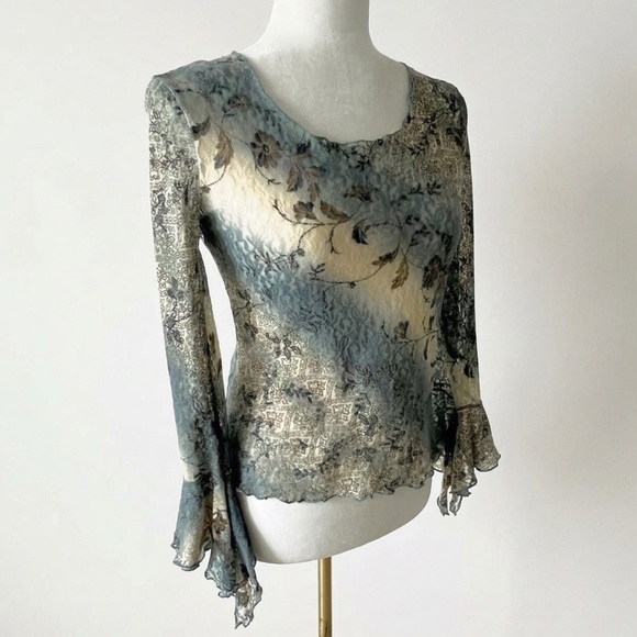Sheer Lace Blouse, Floral Mesh, Bell Sleeve, Blue Grey & Brown Romantic Vintage - Picture 15 of 15